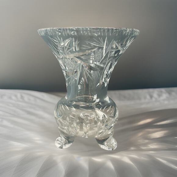 H & H Other - Vintage Bohemian Heavy Hand Cut 3 Footed Crystal Vase 5.75”H Clear Gift Feet